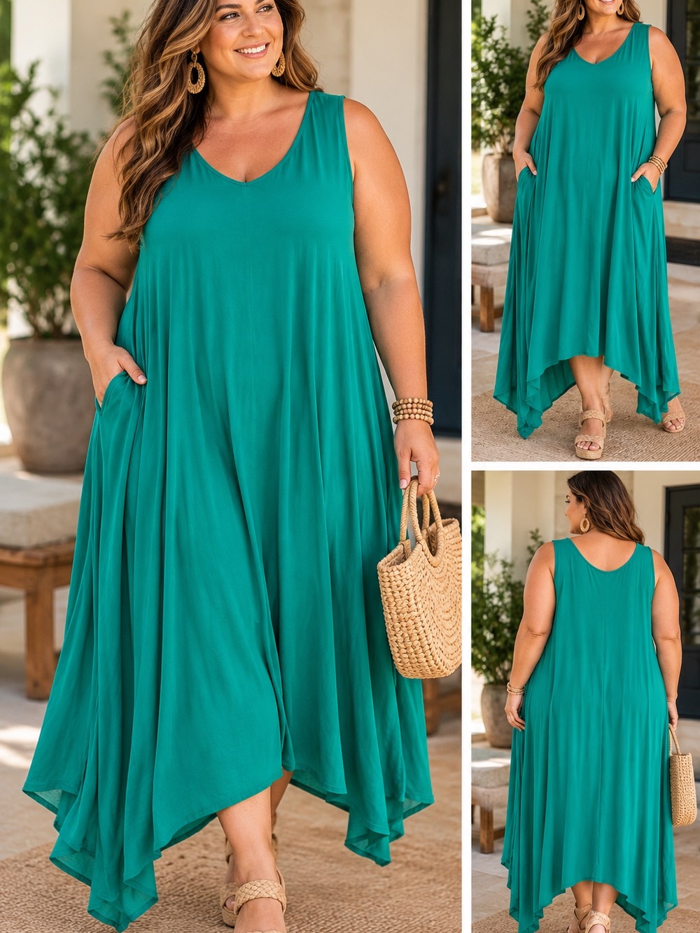 Roaman's Teal Sleeveless V-Neck Handkerchief Hem Maxi Dress